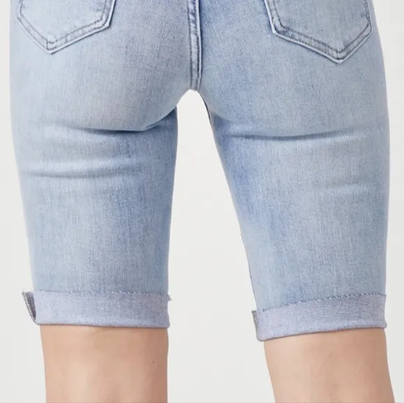 RISEN High Rise Slim Distressed Retro Denim Cuffed Skinny Jean Bermuda Shorts