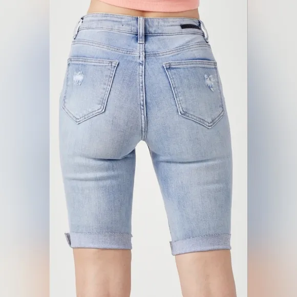 RISEN High Rise Slim Distressed Retro Denim Cuffed Skinny Jean Bermuda Shorts