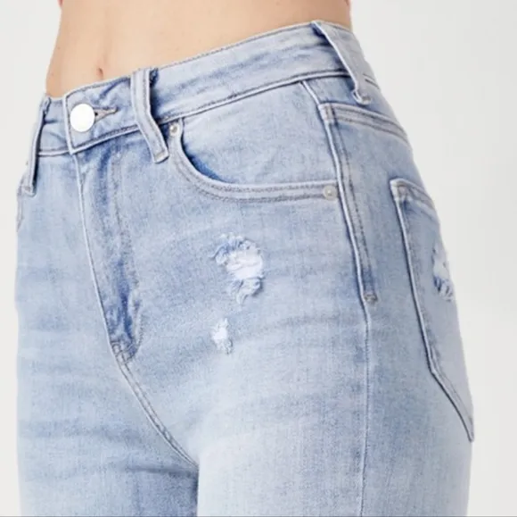 RISEN High Rise Slim Distressed Retro Denim Cuffed Skinny Jean Bermuda Shorts