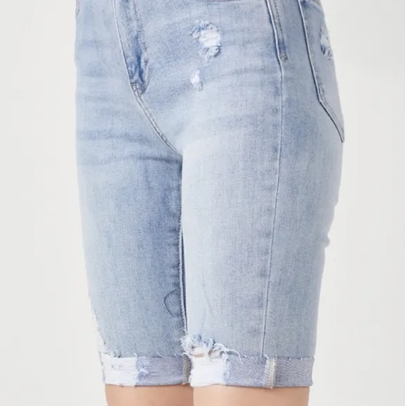 RISEN High Rise Slim Distressed Retro Denim Cuffed Skinny Jean Bermuda Shorts