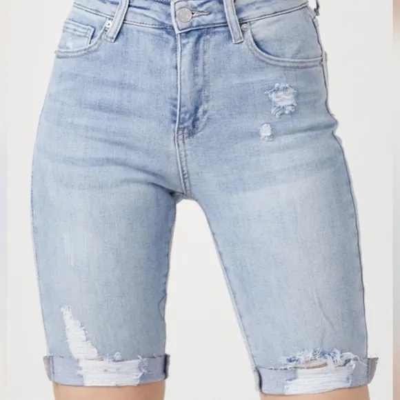 RISEN High Rise Slim Distressed Retro Denim Cuffed Skinny Jean Bermuda Shorts