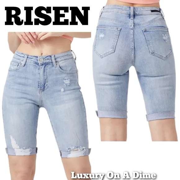 RISEN High Rise Slim Distressed Retro Denim Cuffed Skinny Jean Bermuda Shorts