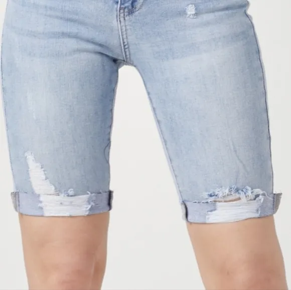 RISEN High Rise Slim Distressed Retro Denim Cuffed Skinny Jean Bermuda Shorts