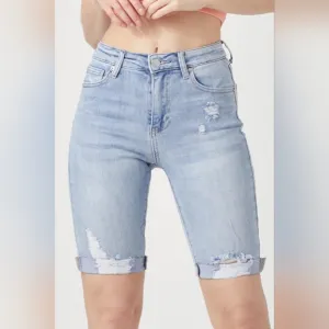 RISEN High Rise Slim Distressed Retro Denim Cuffed Skinny Jean Bermuda Shorts