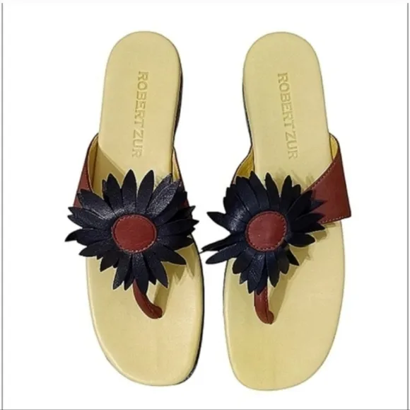 Robert Zur Sunflower Sandals in Black and Luggage Leather Open Toe Thong