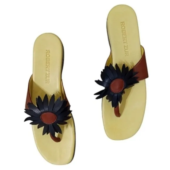 Robert Zur Sunflower Sandals in Black and Luggage Leather Open Toe Thong