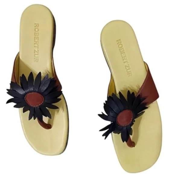 Robert Zur Sunflower Sandals in Black and Luggage Leather Open Toe Thong
