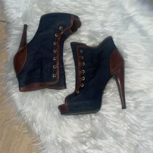 Roberto Cavalli Denim, Leather Peep Toe Ankle Boots
