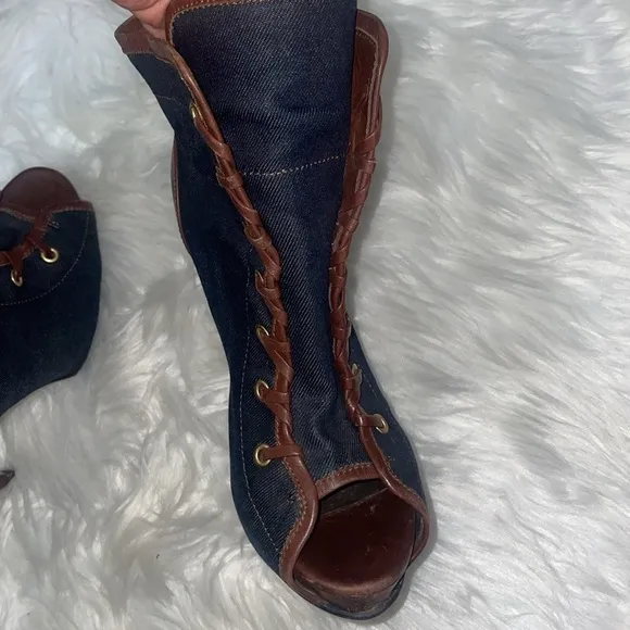 Roberto Cavalli Denim, Leather Peep Toe Ankle Boots