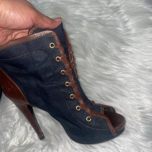 Roberto Cavalli Denim, Leather Peep Toe Ankle Boots
