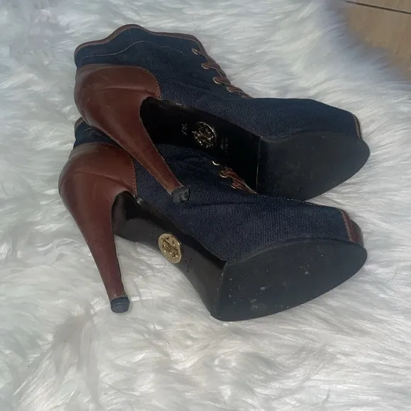Roberto Cavalli Denim, Leather Peep Toe Ankle Boots