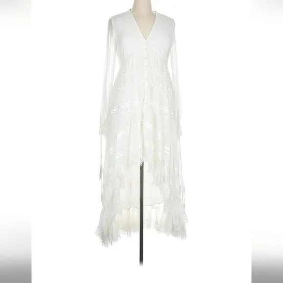 Rococo Sand White Tiered Slit V-Neck Dress