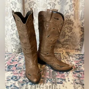 Roper Fashion Cowboy Boot Brown Faux Leather with Black Underlay size 8.5