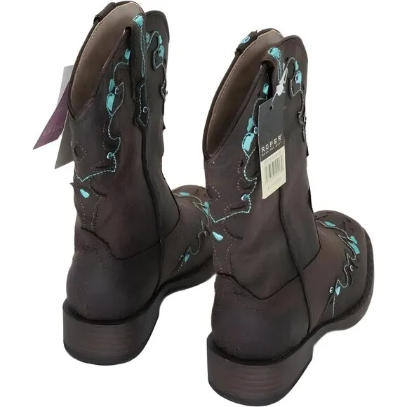 Roper Kids Heart Embroidery Square Toe Mid Calf Boots - Brown - Size 9M