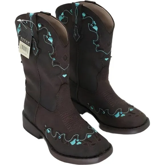 Roper Kids Heart Embroidery Square Toe Mid Calf Boots - Brown - Size 9M