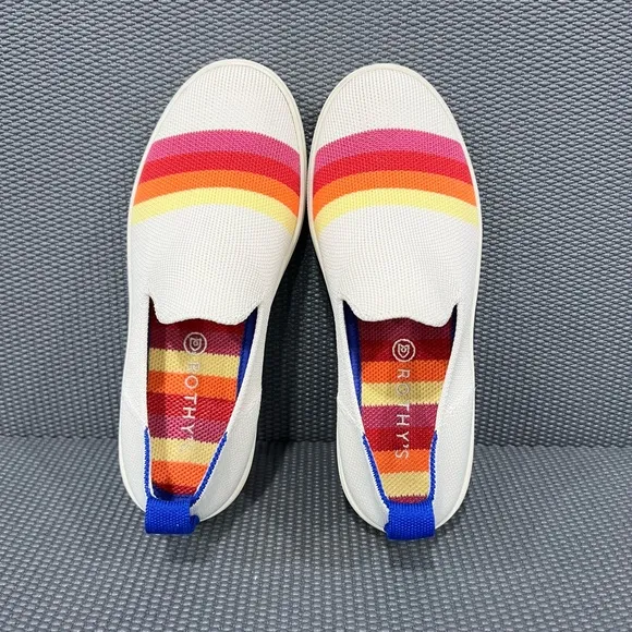 Rothys Girls The Kid Pink Rainbow Candy Stripe Knit Sneaker Slip On Shoes Sz 4