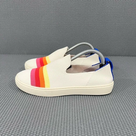 Rothys Girls The Kid Pink Rainbow Candy Stripe Knit Sneaker Slip On Shoes Sz 4
