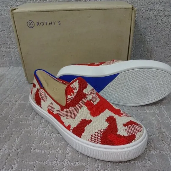 Rothy's The Kid Red Llama Camo Knit Slip On Sneaker Shoes Multiple Sizes