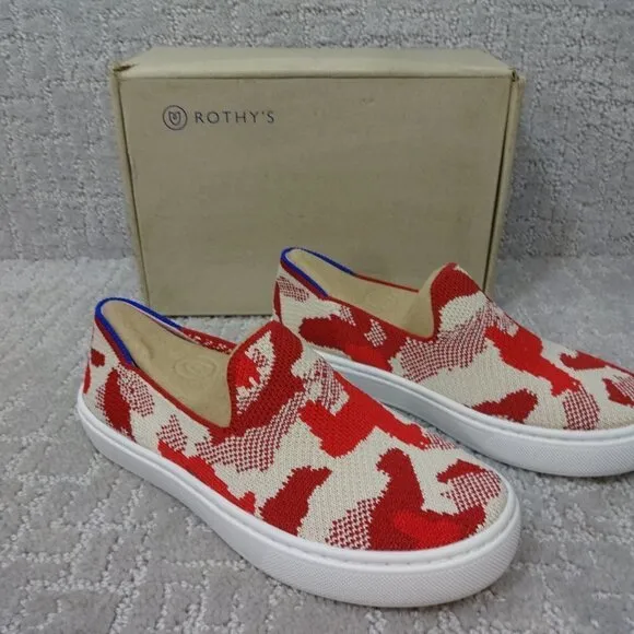Rothy's The Kid Red Llama Camo Knit Slip On Sneaker Shoes Multiple Sizes
