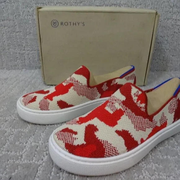 Rothy's The Kid Red Llama Camo Knit Slip On Sneaker Shoes Multiple Sizes