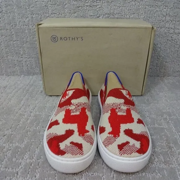 Rothy's The Kid Red Llama Camo Knit Slip On Sneaker Shoes Multiple Sizes