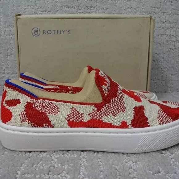 Rothy's The Kid Red Llama Camo Knit Slip On Sneaker Shoes Multiple Sizes