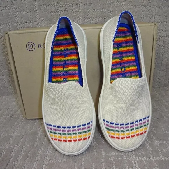 Rothy's The Kid White Rainbow Knit Slip On Sneaker Shoes Big Kids Size 4