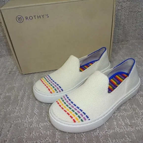 Rothy's The Kid White Rainbow Knit Slip On Sneaker Shoes Big Kids Size 4