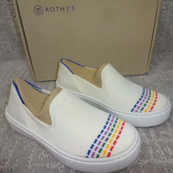 Rothy's The Kid White Rainbow Knit Slip On Sneaker Shoes Big Kids Size 4