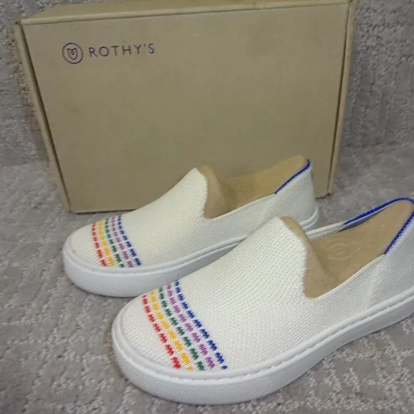 Rothy's The Kid White Rainbow Knit Slip On Sneaker Shoes Big Kids Size 4