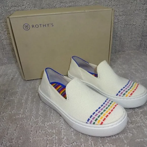 Rothy's The Kid White Rainbow Knit Slip On Sneaker Shoes Big Kids Size 4