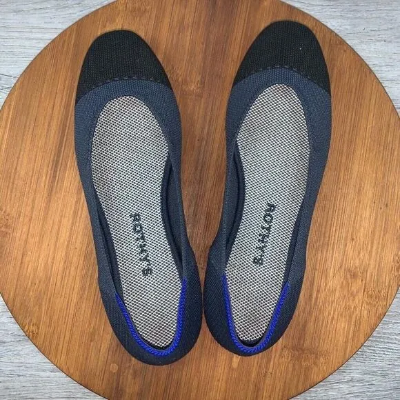 Rothys Women's The Flat Round Toe Size 6.5 Black Blue Knit Slip On Shoes Comfort
