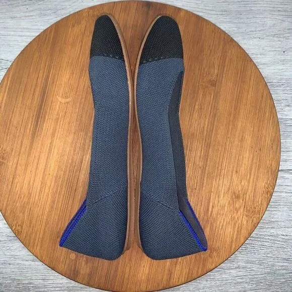 Rothys Women's The Flat Round Toe Size 6.5 Black Blue Knit Slip On Shoes Comfort