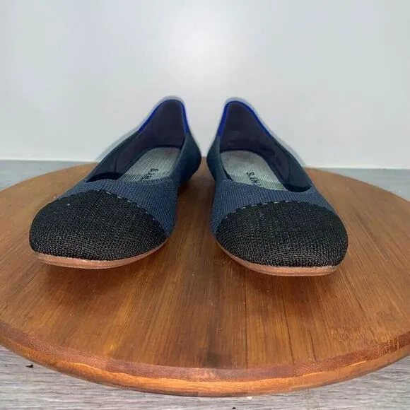 Rothys Women's The Flat Round Toe Size 6.5 Black Blue Knit Slip On Shoes Comfort