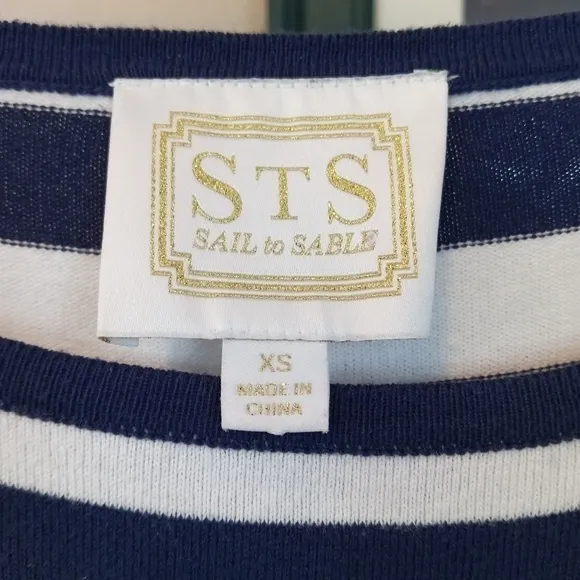 Sail to Sable Nautical Blue Striped Cotton Dress, Boat Neck, Ruffle Hem Size XS