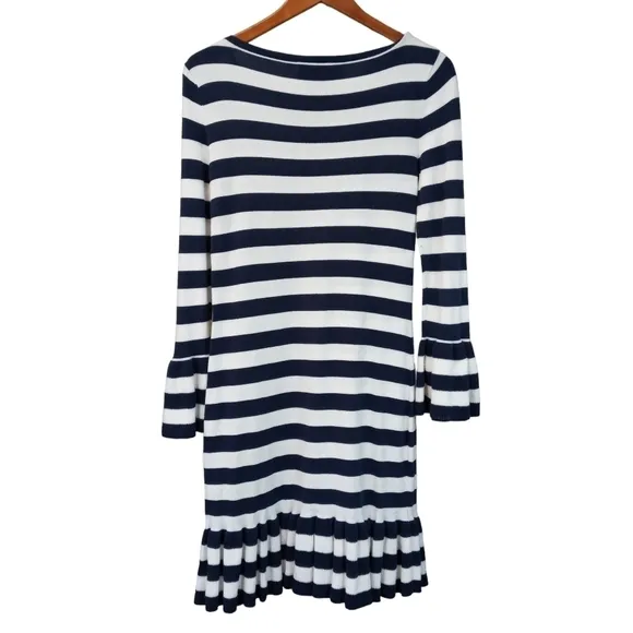 Sail to Sable Nautical Blue Striped Cotton Dress, Boat Neck, Ruffle Hem Size XS