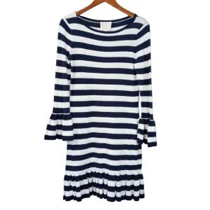 Sail to Sable Nautical Blue Striped Cotton Dress, Boat Neck, Ruffle Hem Size XS