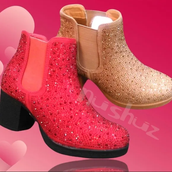 SALE Italina Holiday Tan Gold Crystal Embellished Pull-On Heel Chelsea Bootie