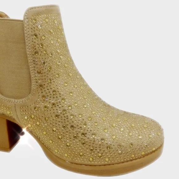 SALE Italina Holiday Tan Gold Crystal Embellished Pull-On Heel Chelsea Bootie