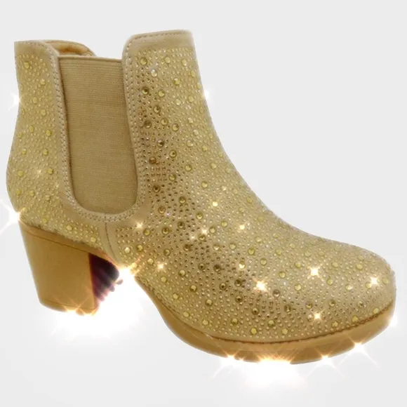 SALE Italina Holiday Tan Gold Crystal Embellished Pull-On Heel Chelsea Bootie