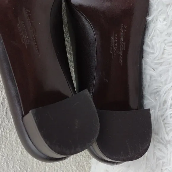 Salvatore Ferragamo Dark Brown Leather Square Toe Mid Blocked Heel Pump Shoe