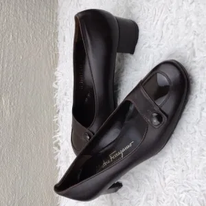 Salvatore Ferragamo Dark Brown Leather Square Toe Mid Blocked Heel Pump Shoe