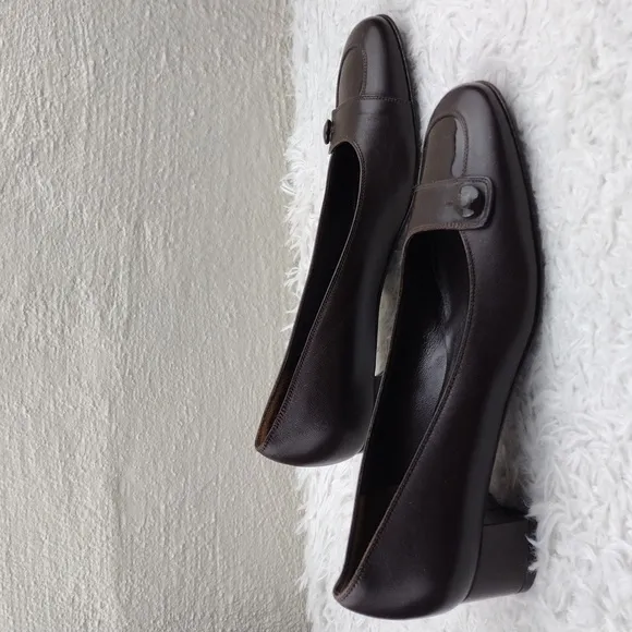 Salvatore Ferragamo Dark Brown Leather Square Toe Mid Blocked Heel Pump Shoe