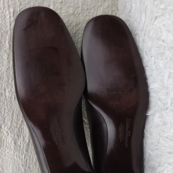 Salvatore Ferragamo Dark Brown Leather Square Toe Mid Blocked Heel Pump Shoe