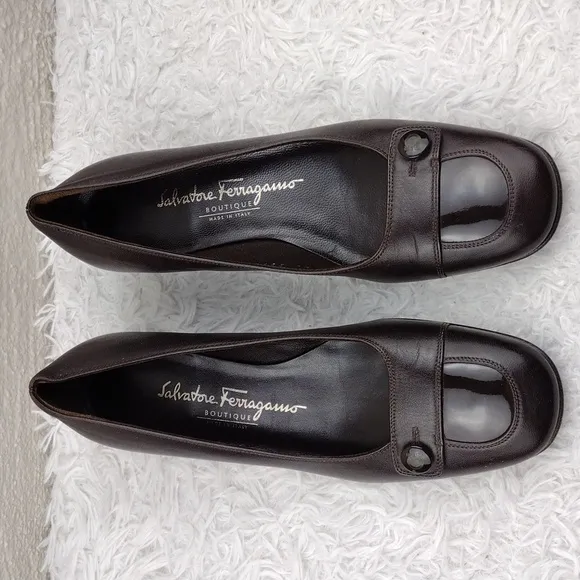 Salvatore Ferragamo Dark Brown Leather Square Toe Mid Blocked Heel Pump Shoe