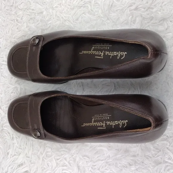 Salvatore Ferragamo Dark Brown Leather Square Toe Mid Blocked Heel Pump Shoe