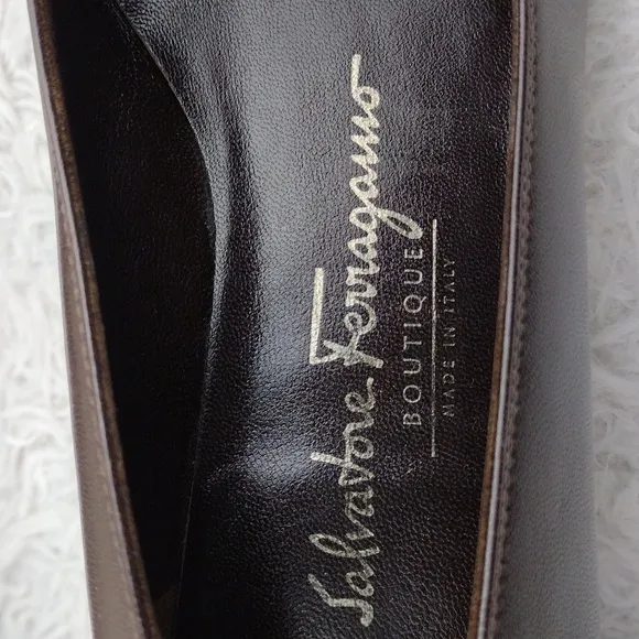 Salvatore Ferragamo Dark Brown Leather Square Toe Mid Blocked Heel Pump Shoe