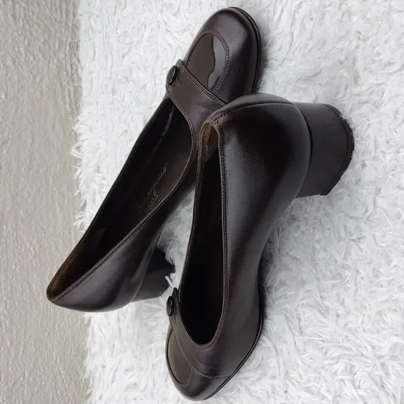 Salvatore Ferragamo Dark Brown Leather Square Toe Mid Blocked Heel Pump Shoe
