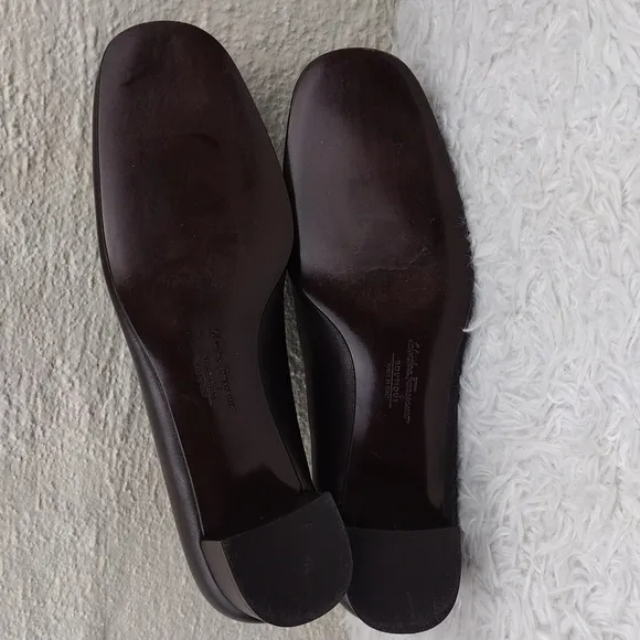 Salvatore Ferragamo Dark Brown Leather Square Toe Mid Blocked Heel Pump Shoe
