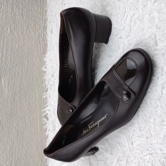 Salvatore Ferragamo Dark Brown Leather Square Toe Mid Blocked Heel Pump Shoe